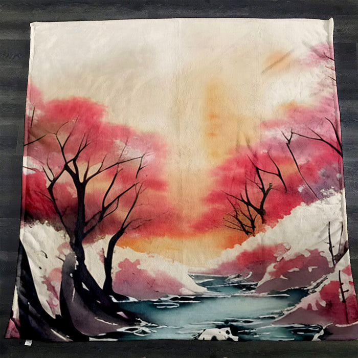 Pink River Landscape Artwork Fleece Sherpa Blanket