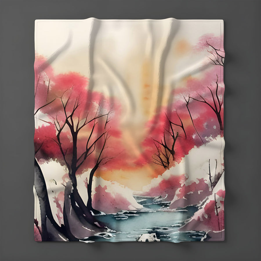 Pink River Landscape Artwork Fleece Sherpa Blanket
