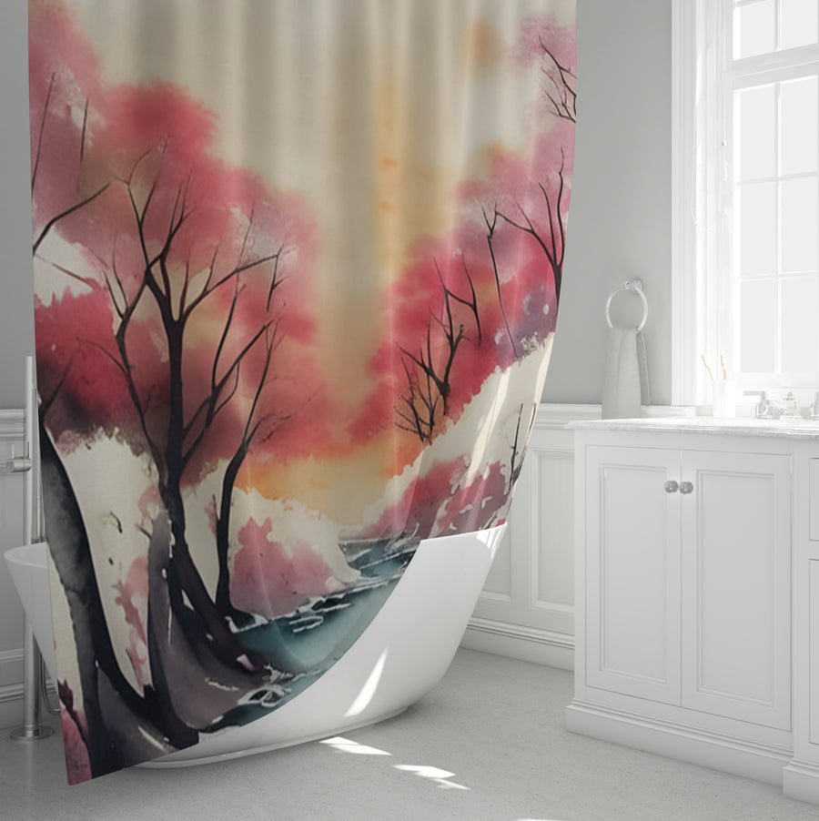 Pink River Landscape Artwork Shower Curtain
