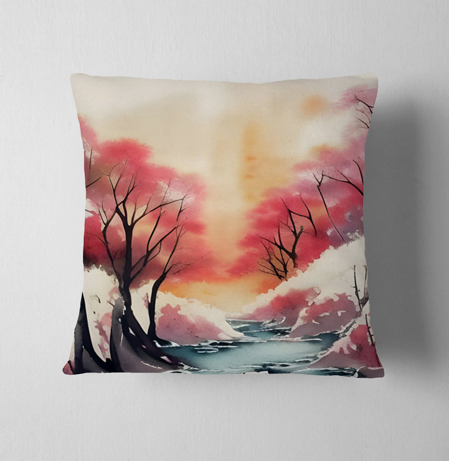 Pink River Landscape Artwork Throw Pillow Cover