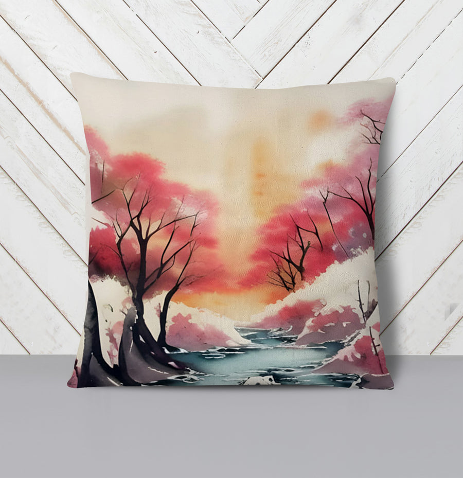 Pink River Landscape Artwork Throw Pillow Cover