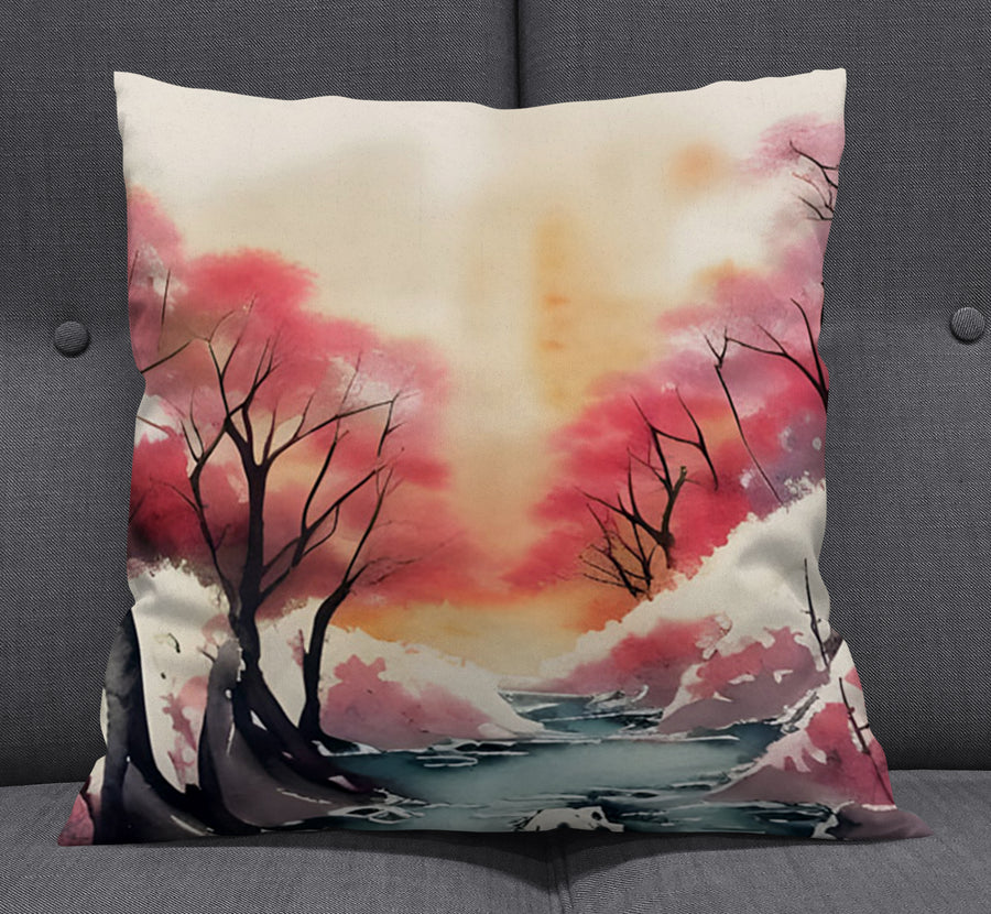 Pink River Landscape Artwork Throw Pillow Cover