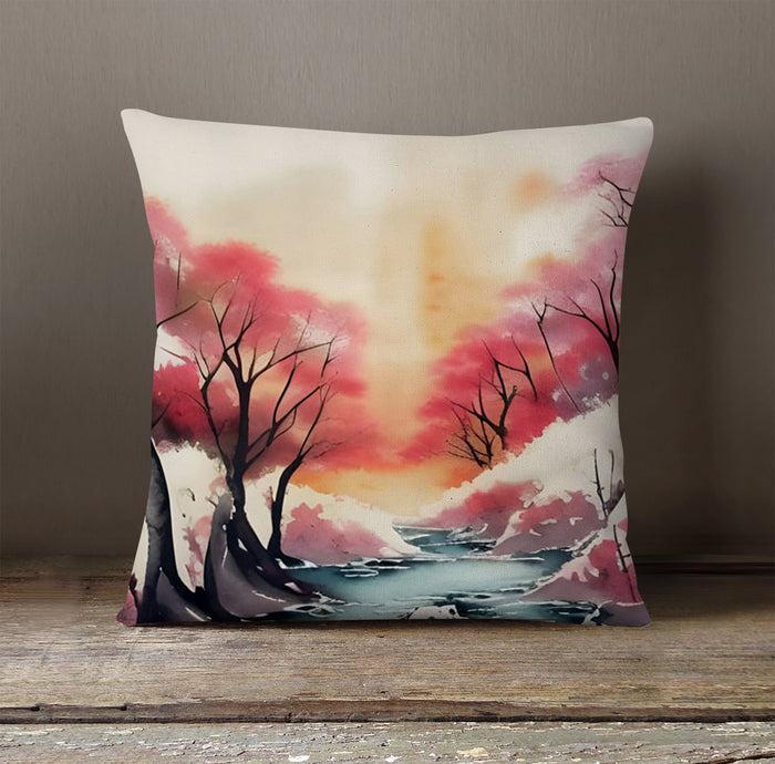 Pink River Landscape Artwork Throw Pillow Cover