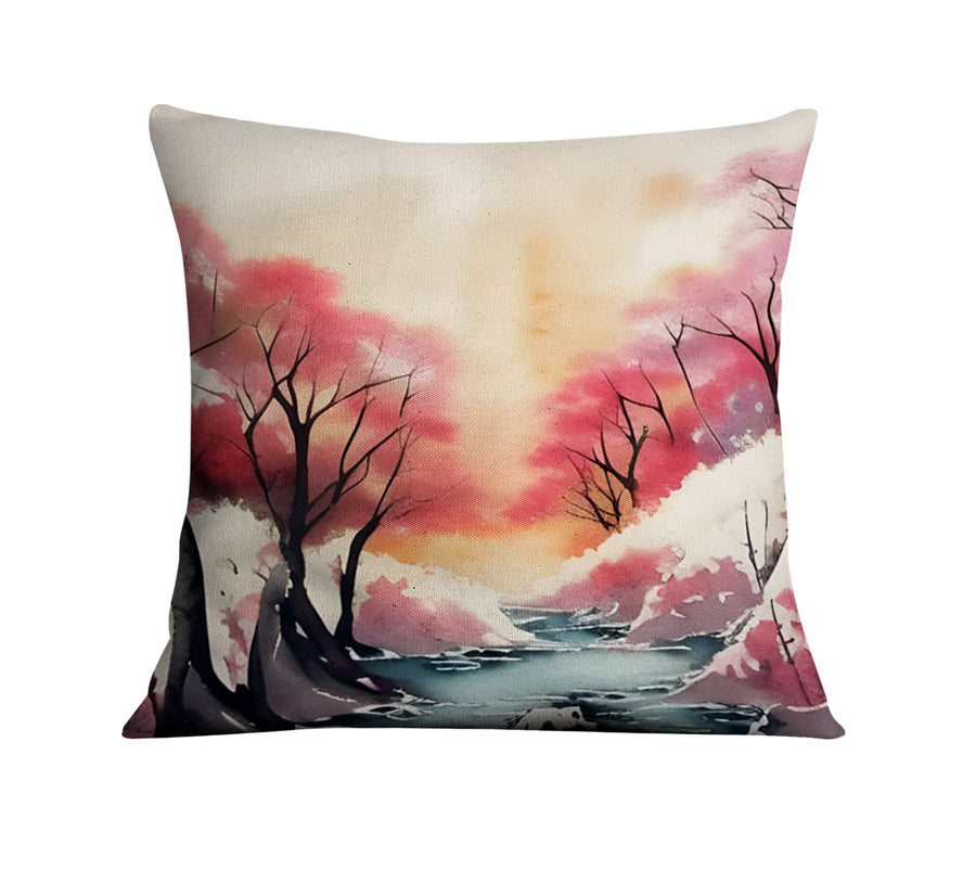 Pink River Landscape Artwork Throw Pillow Cover