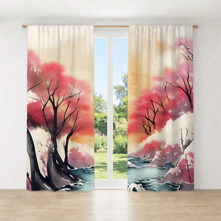 Pink River Landscape Artwork Window Curtains