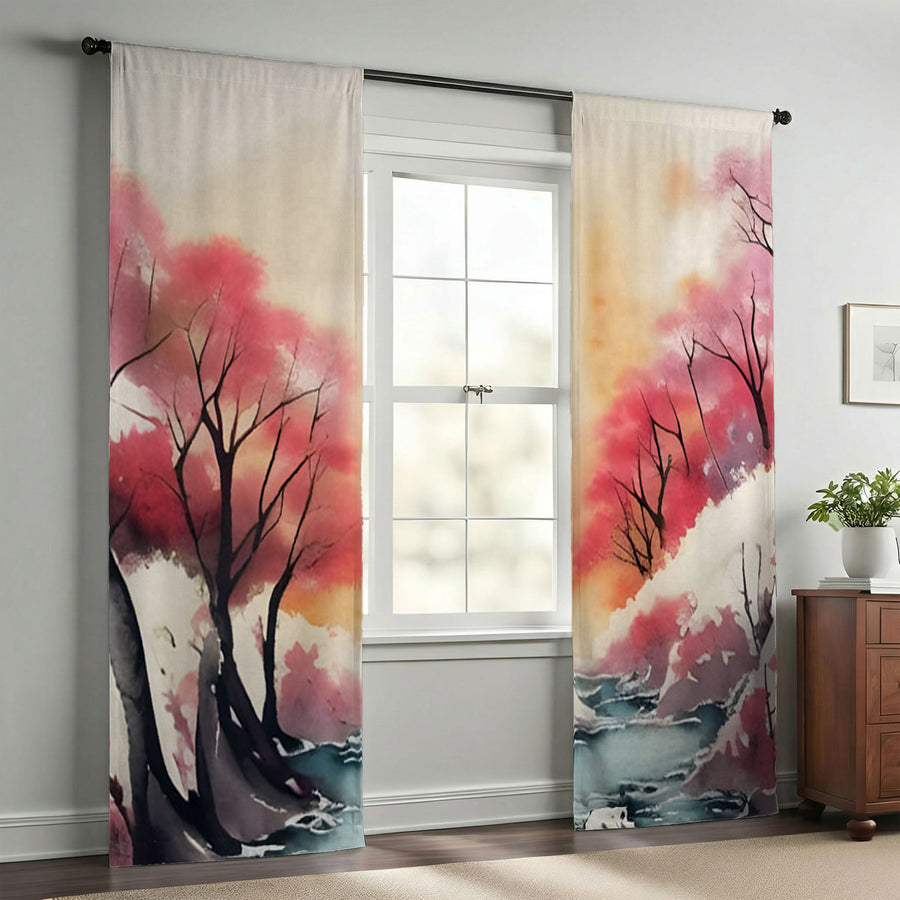 Pink River Landscape Artwork Window Curtains