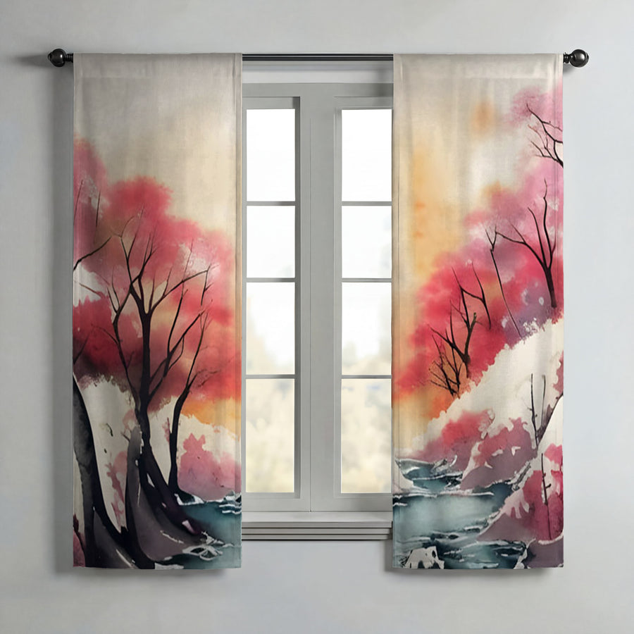 Pink River Landscape Artwork Window Curtains