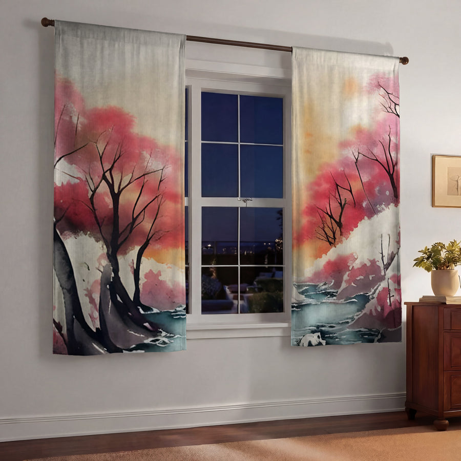 Pink River Landscape Artwork Window Curtains