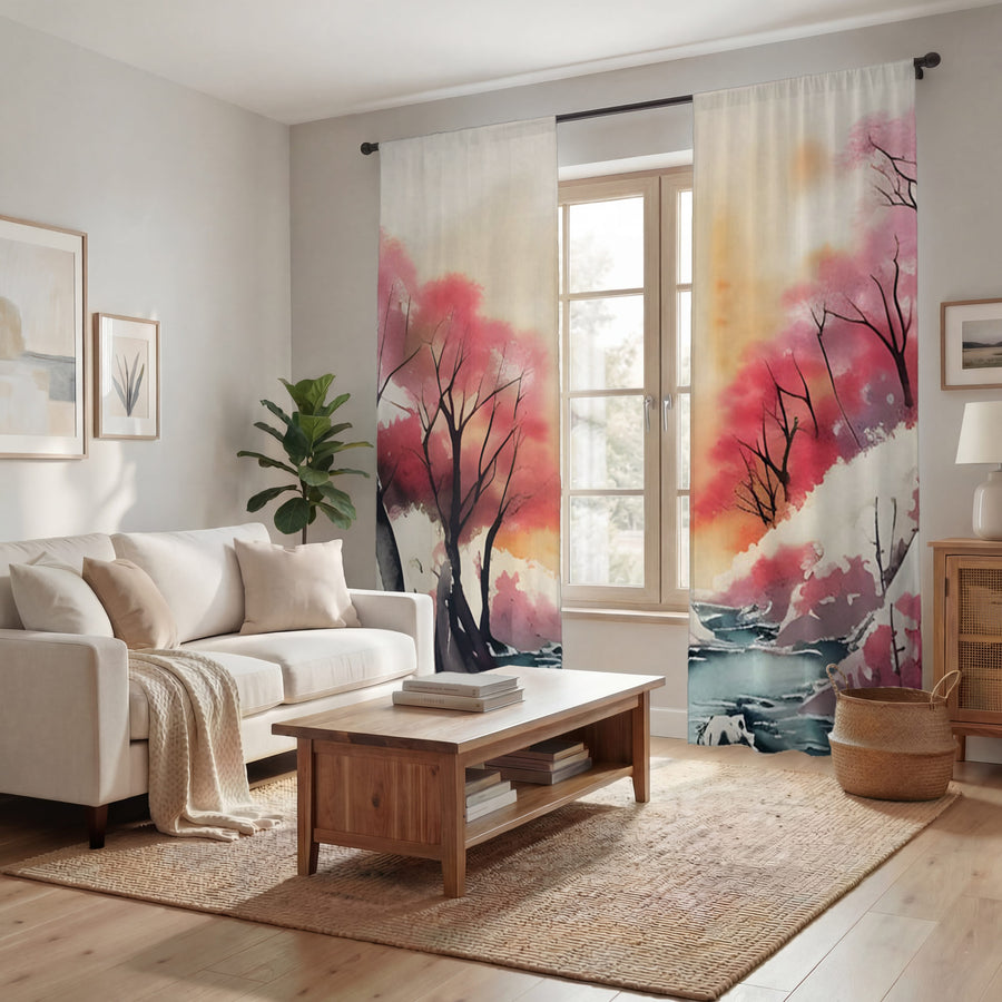 Pink River Landscape Artwork Window Curtains