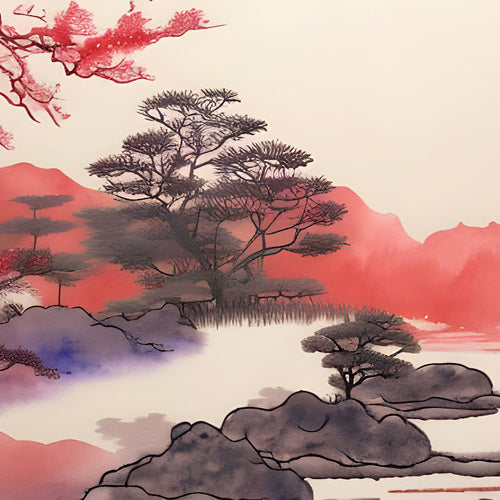 Pink Japanese Landscape Artwork