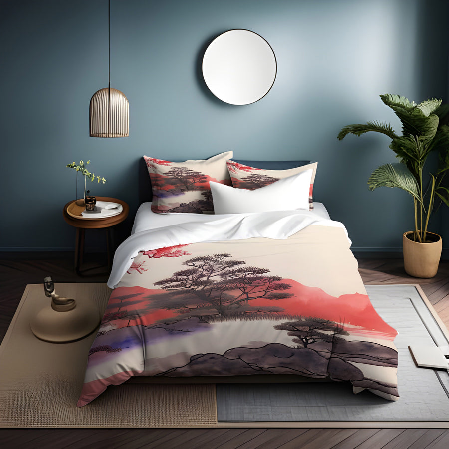 Pink Japanese Landscape Artwork Duvet Cover