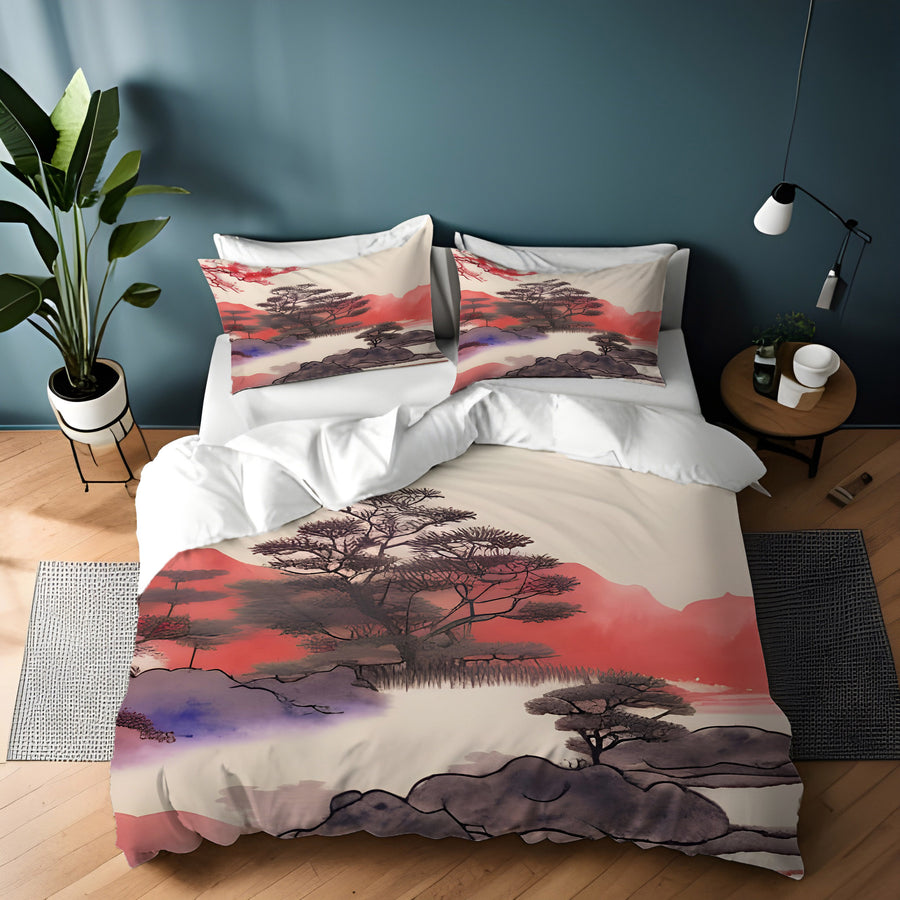 Pink Japanese Landscape Artwork Duvet Cover