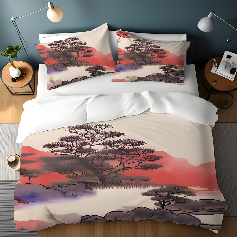 Pink Japanese Landscape Artwork Duvet Cover