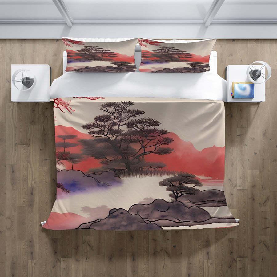 Pink Japanese Landscape Artwork Duvet Cover
