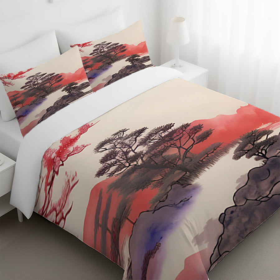 Pink Japanese Landscape Artwork Duvet Cover