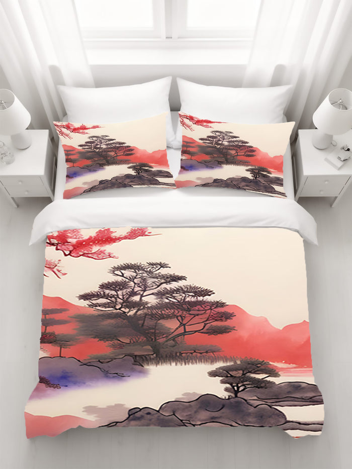 Pink Japanese Landscape Artwork Duvet Cover