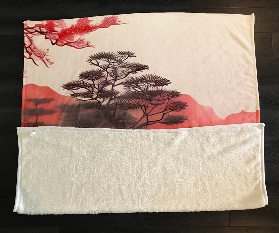 Pink Japanese Landscape Artwork Fleece Sherpa Blanket