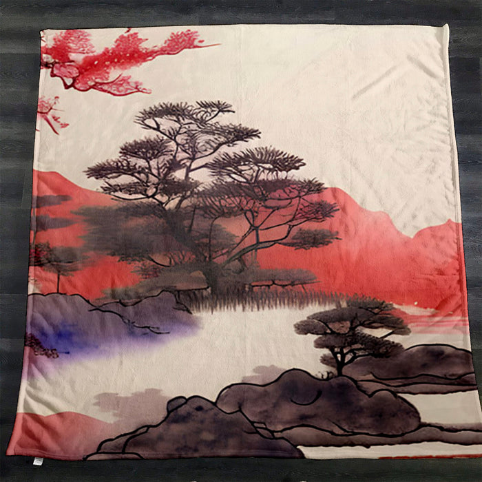 Pink Japanese Landscape Artwork Fleece Sherpa Blanket