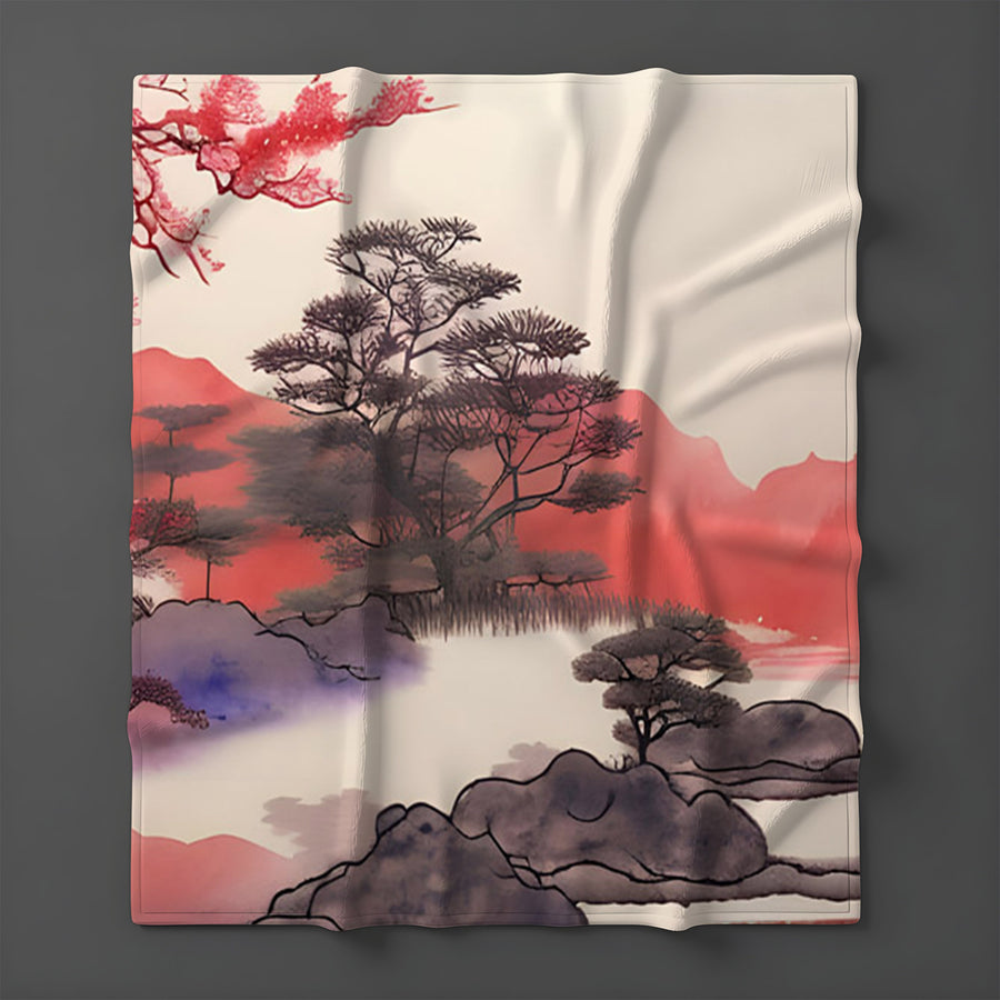 Pink Japanese Landscape Artwork Fleece Sherpa Blanket
