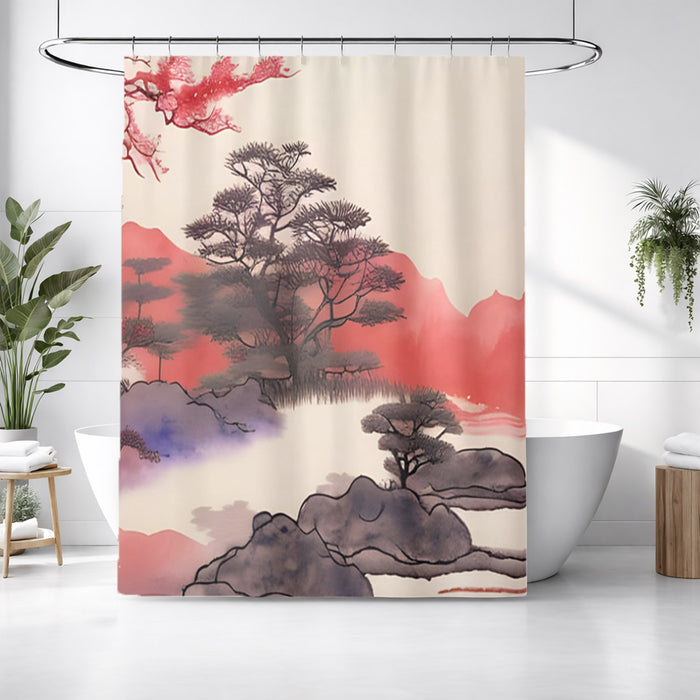 Pink Japanese Landscape Artwork Shower Curtain