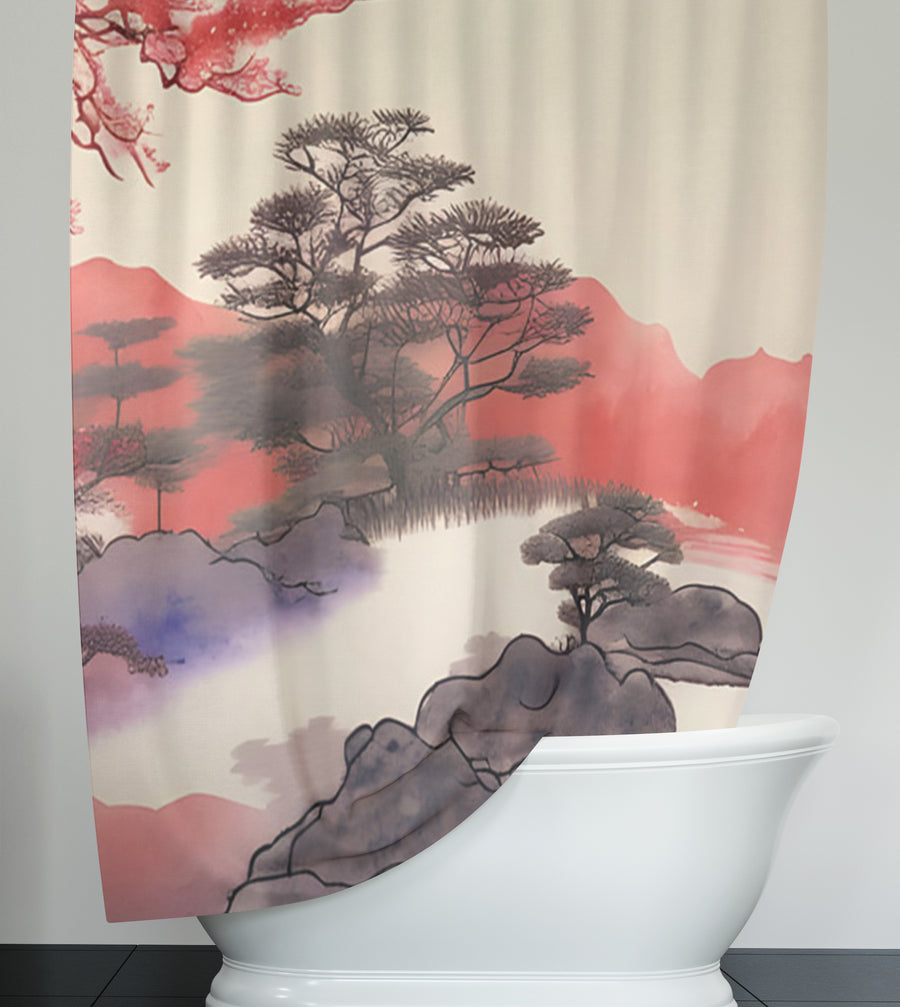 Pink Japanese Landscape Artwork Shower Curtain