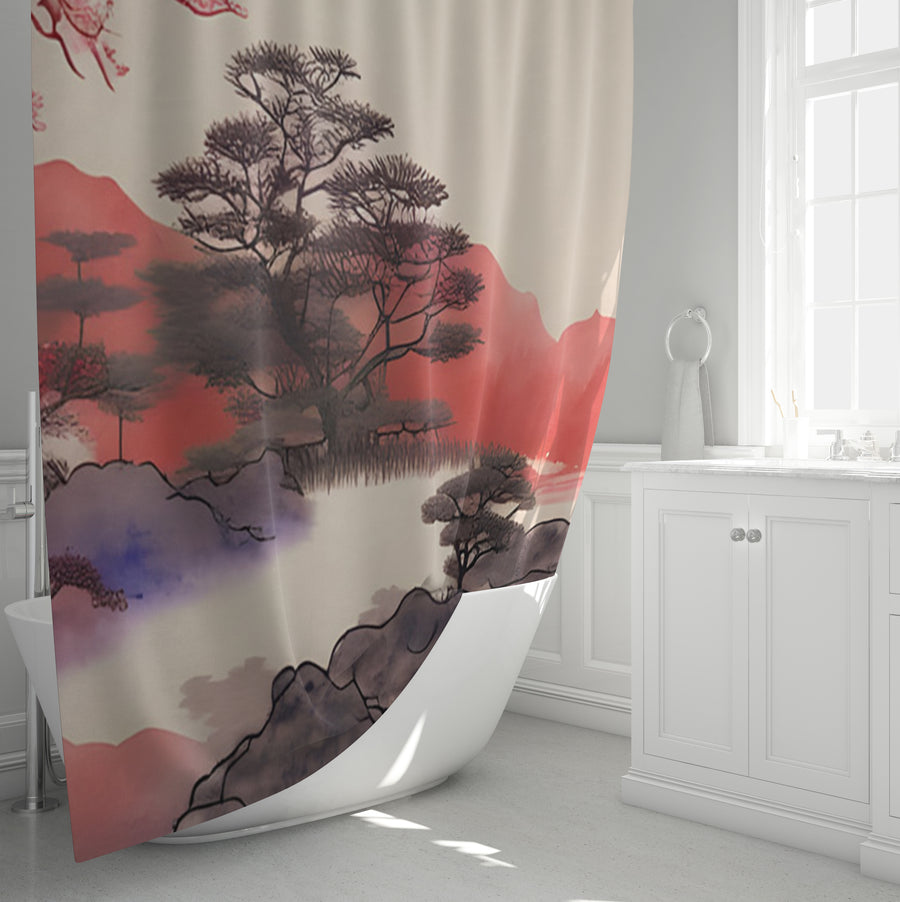 Pink Japanese Landscape Artwork Shower Curtain