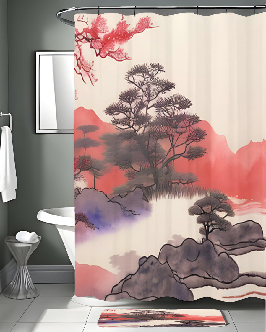 Pink Japanese Landscape Artwork Shower Curtain