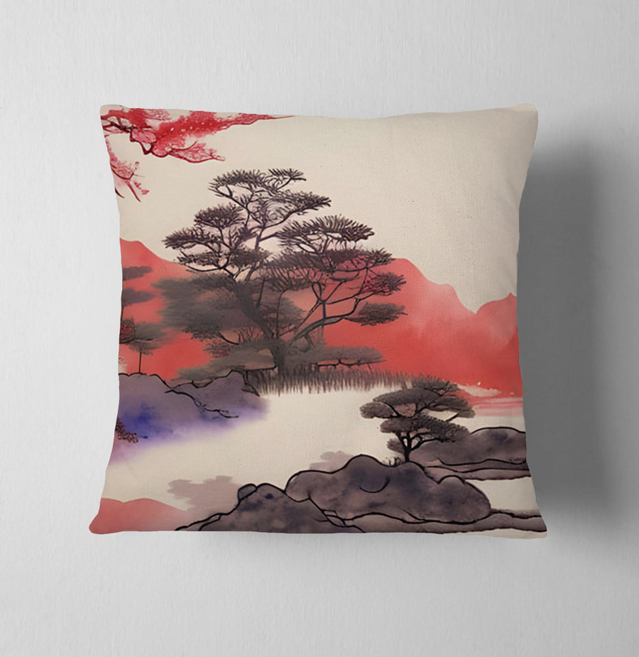 Pink Japanese Landscape Artwork Throw Pillow Cover