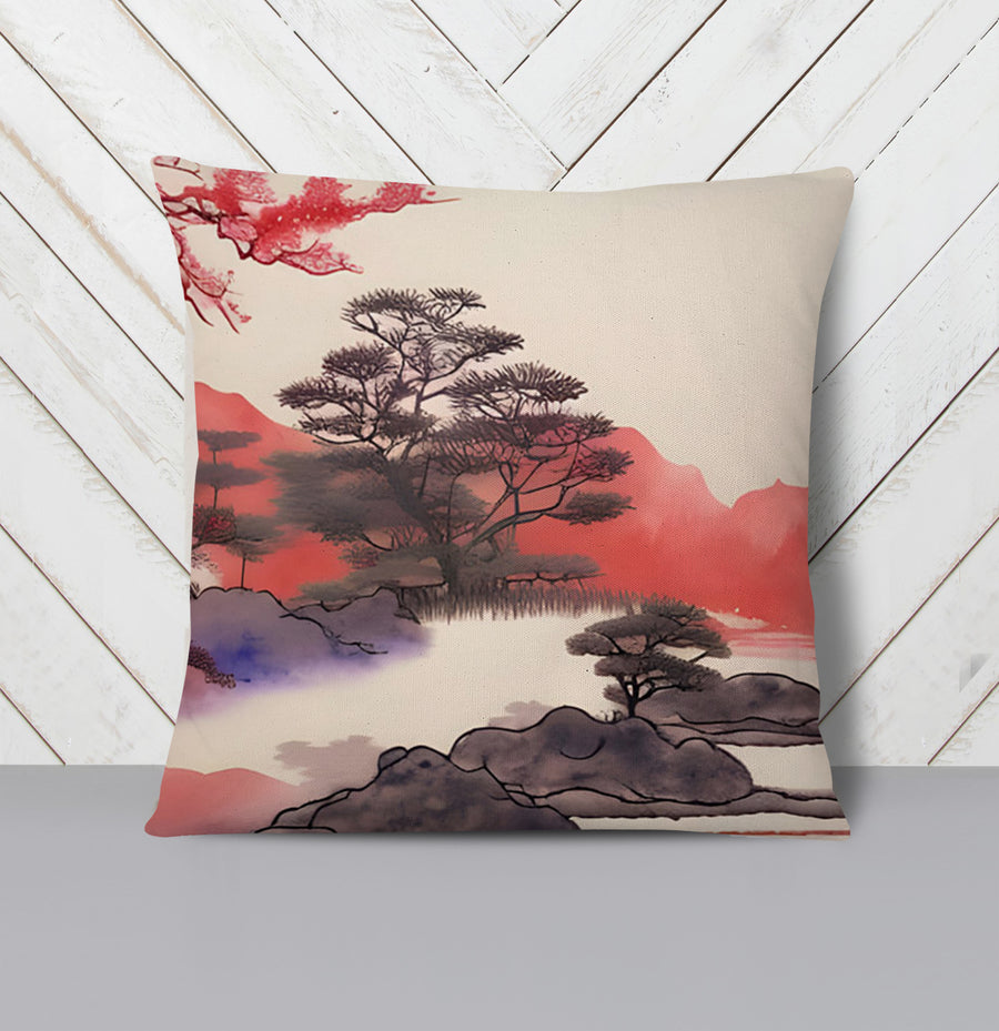 Pink Japanese Landscape Artwork Throw Pillow Cover