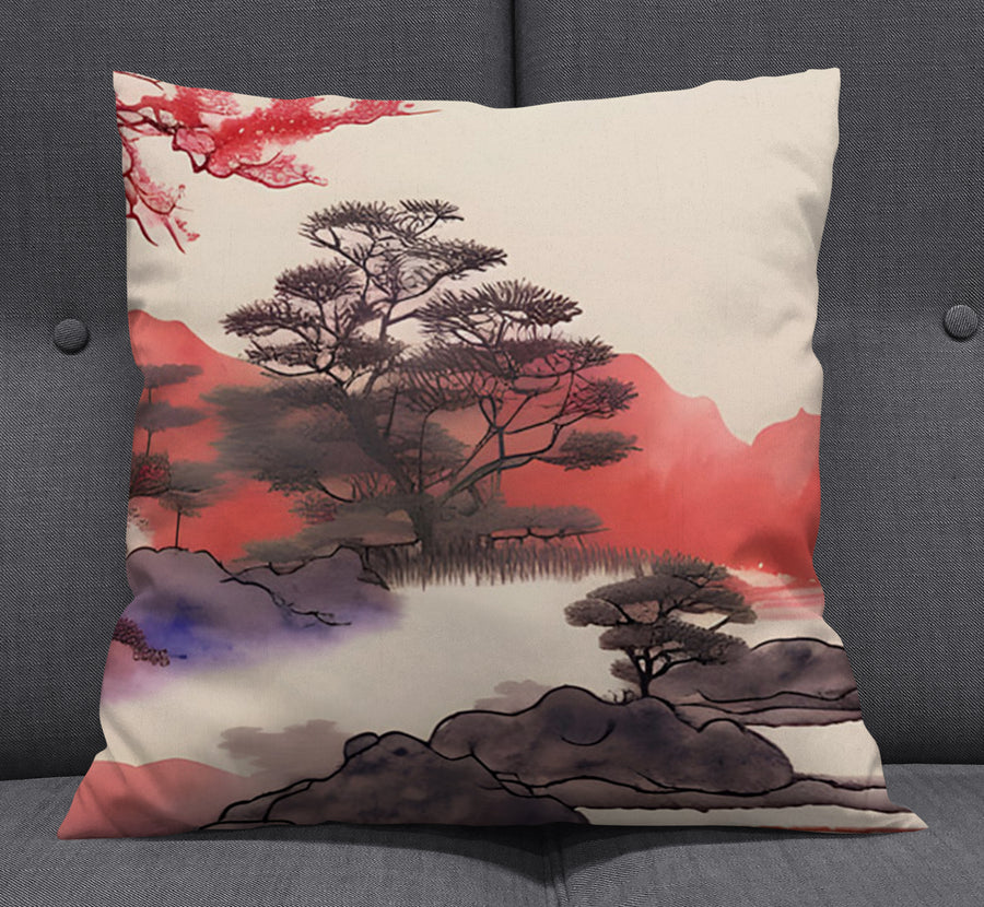 Pink Japanese Landscape Artwork Throw Pillow Cover