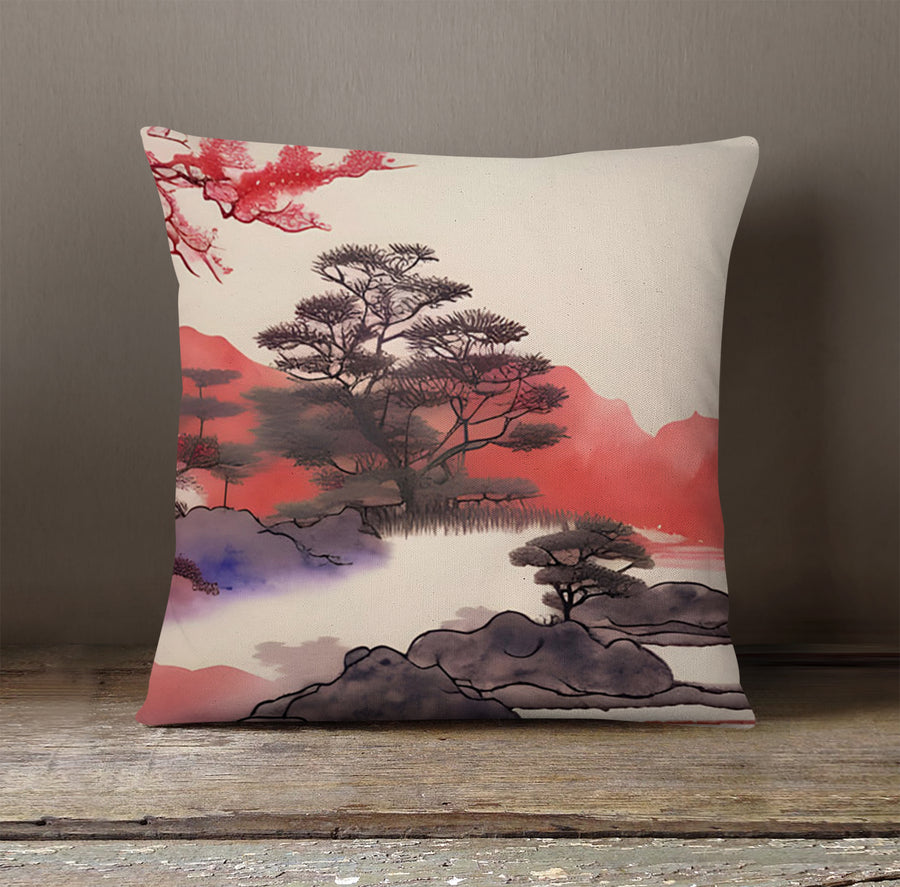 Pink Japanese Landscape Artwork Throw Pillow Cover