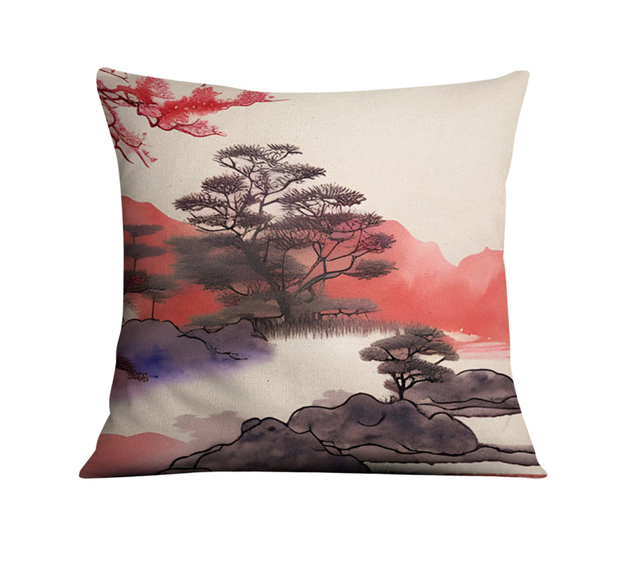 Pink Japanese Landscape Artwork Throw Pillow Cover