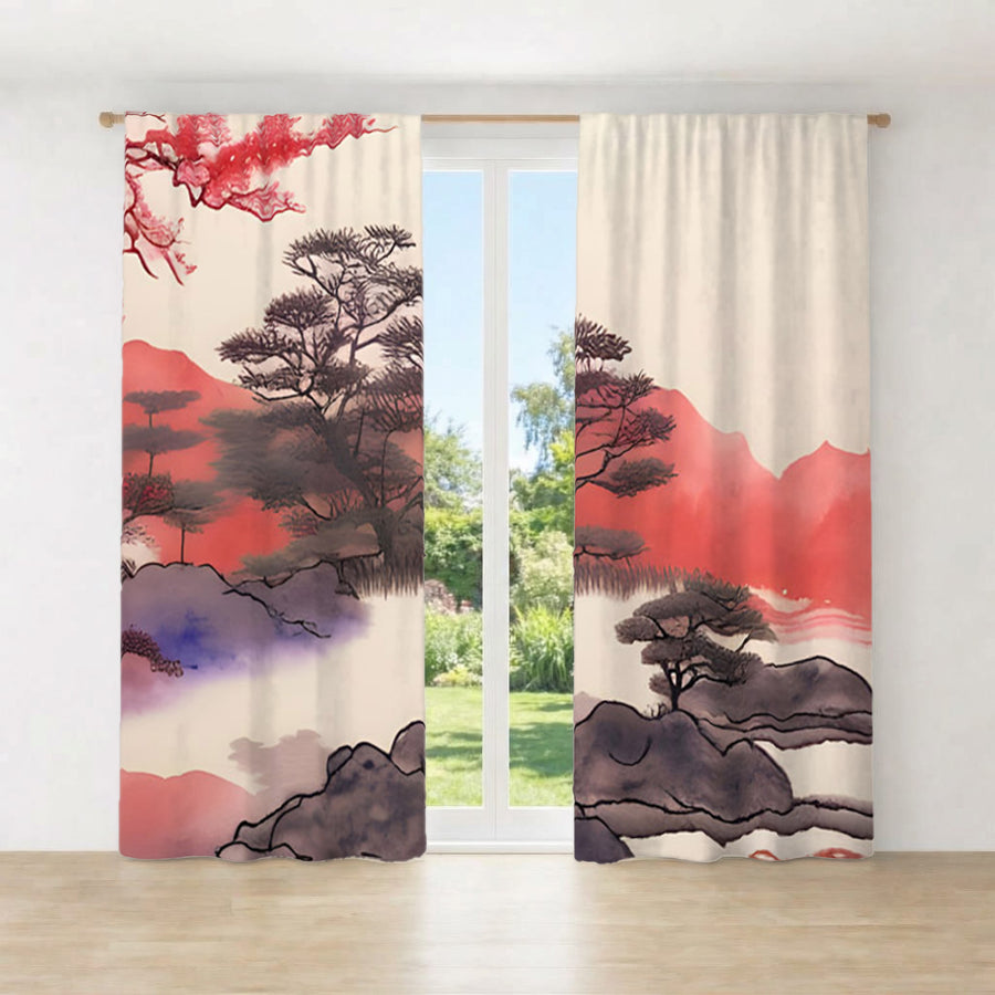 Pink Japanese Landscape Artwork Window Curtains