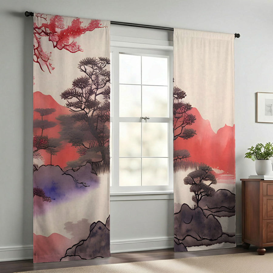 Pink Japanese Landscape Artwork Window Curtains