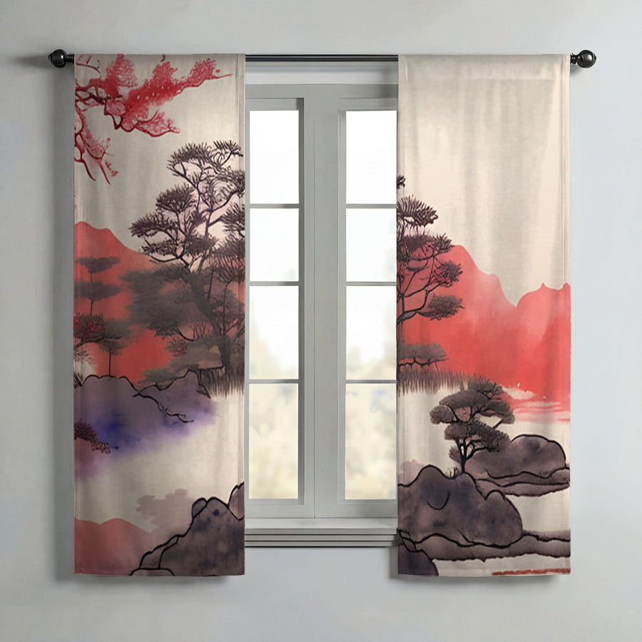 Pink Japanese Landscape Artwork Window Curtains