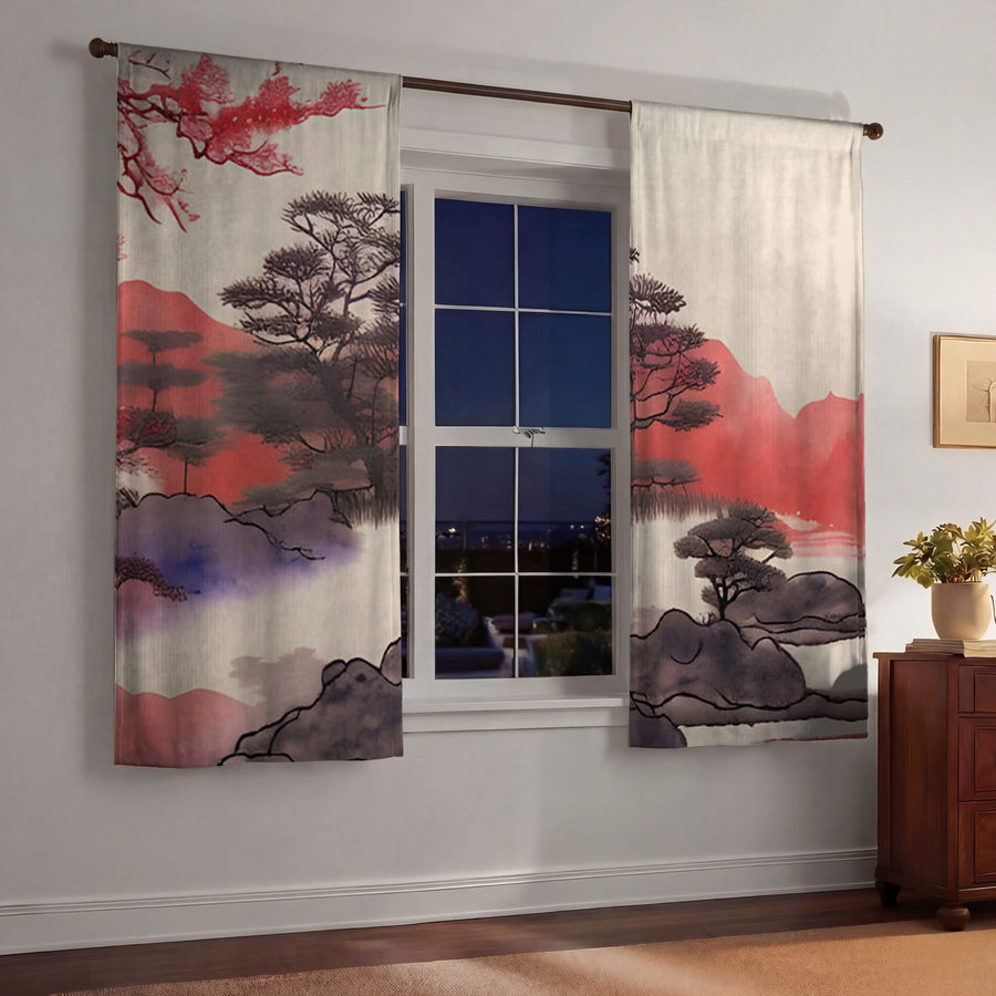 Pink Japanese Landscape Artwork Window Curtains
