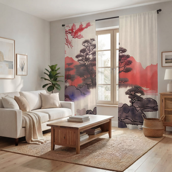 Pink Japanese Landscape Artwork Window Curtains