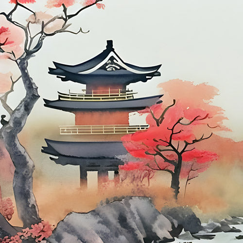 Pink Pagoda Landscape Artwork