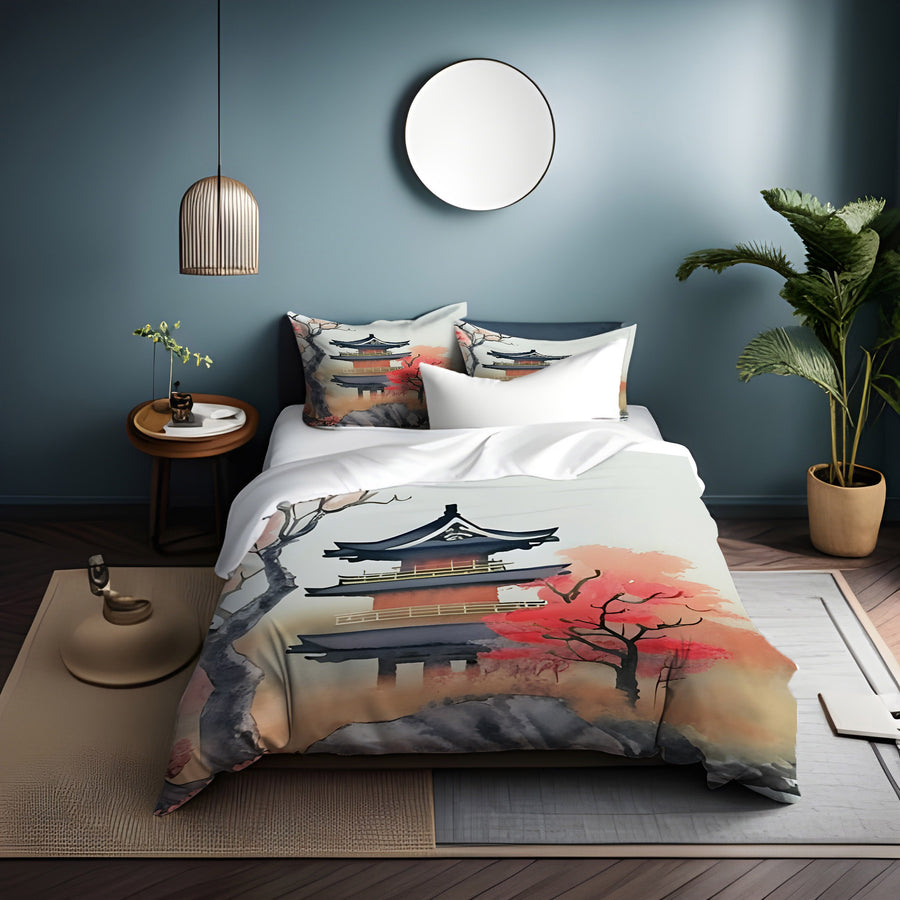 Pink Pagoda Landscape Artwork Duvet Cover