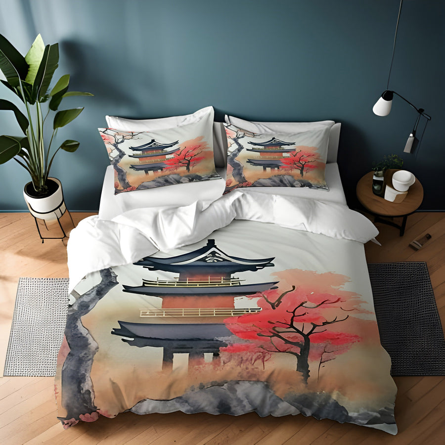 Pink Pagoda Landscape Artwork Duvet Cover