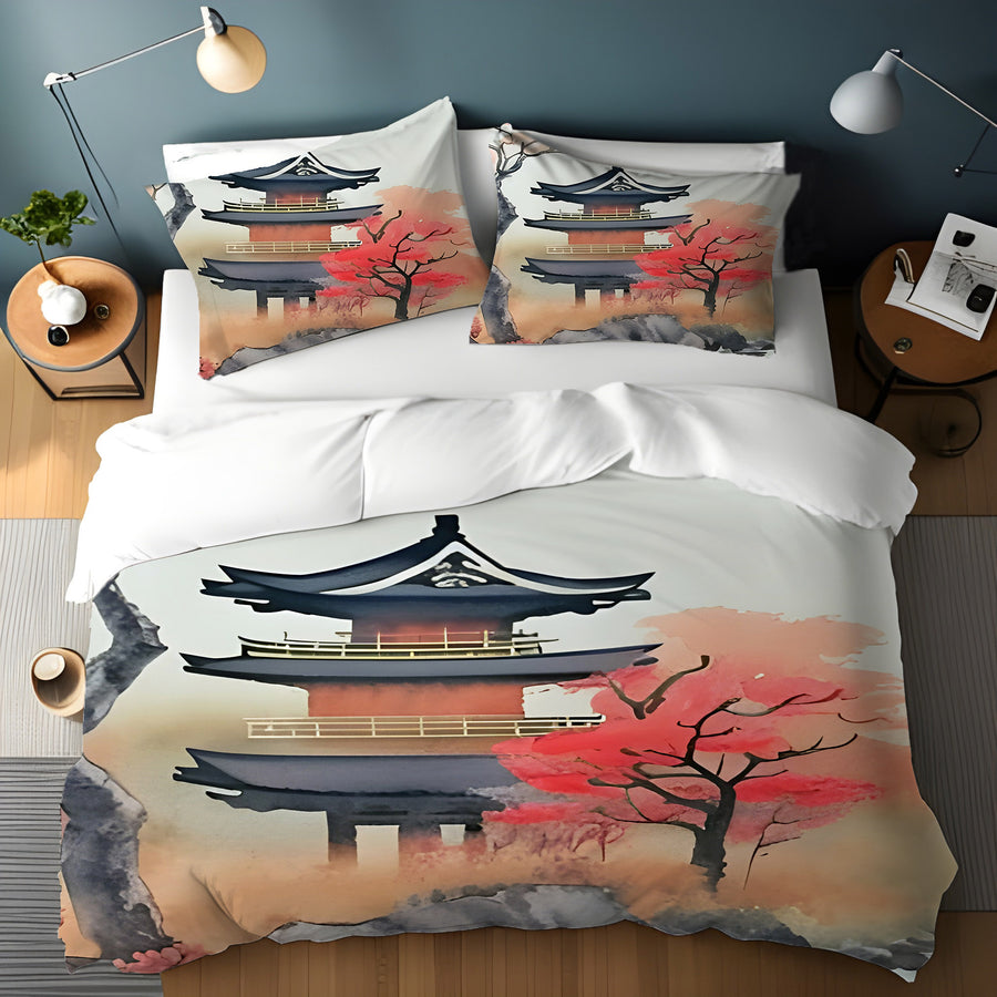 Pink Pagoda Landscape Artwork Duvet Cover