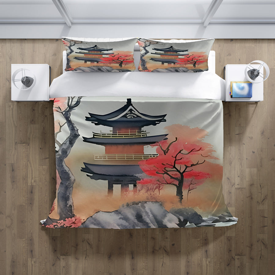 Pink Pagoda Landscape Artwork Duvet Cover