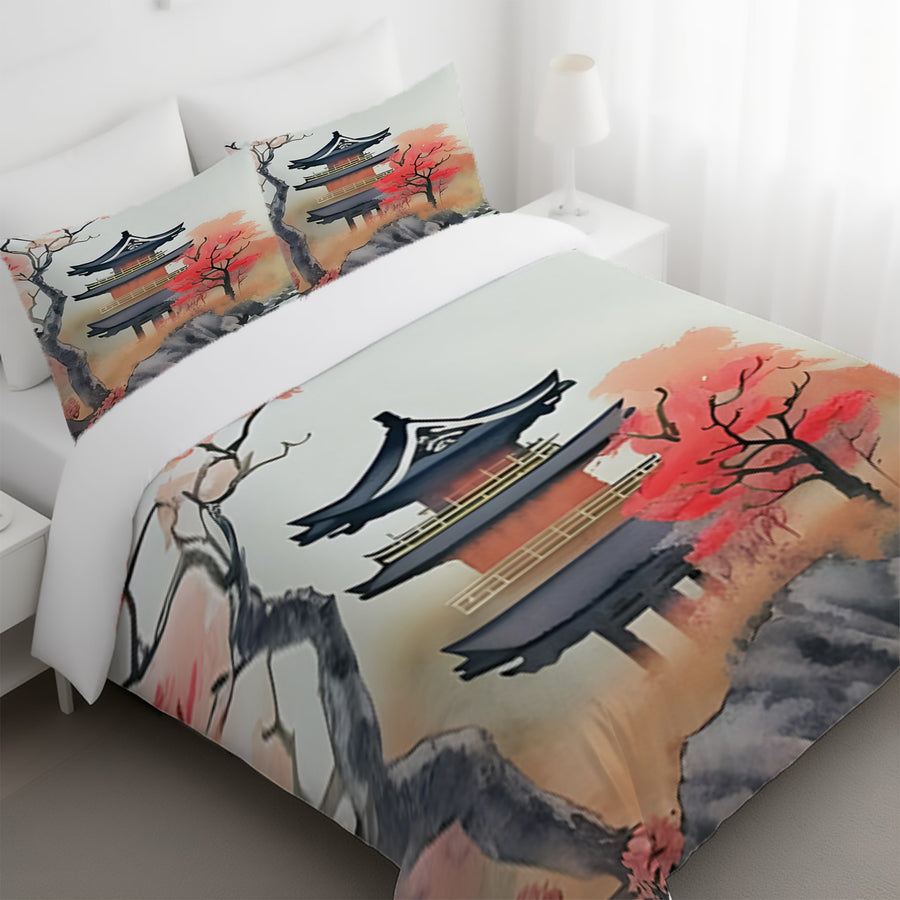 Pink Pagoda Landscape Artwork Duvet Cover