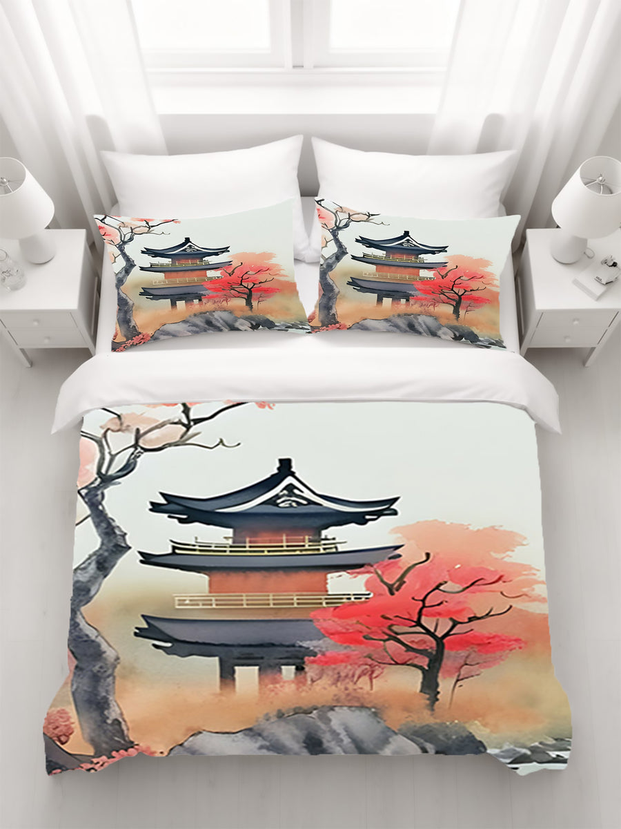 Pink Pagoda Landscape Artwork Duvet Cover