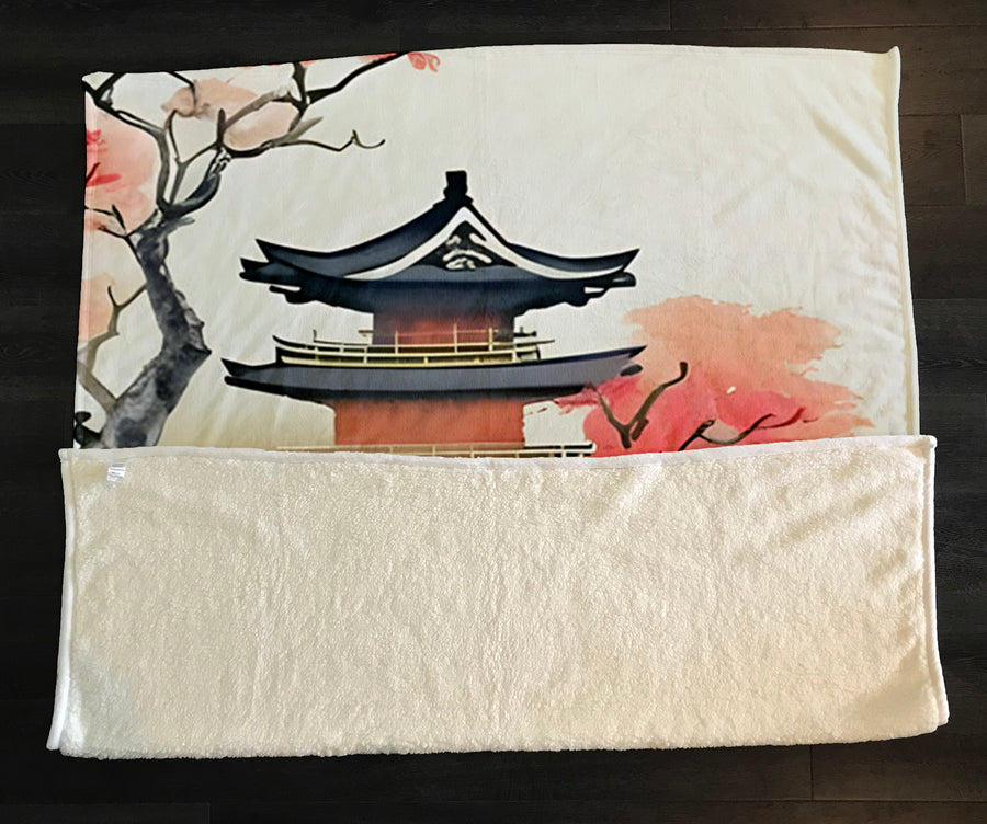 Pink Pagoda Landscape Artwork Fleece Sherpa Blanket