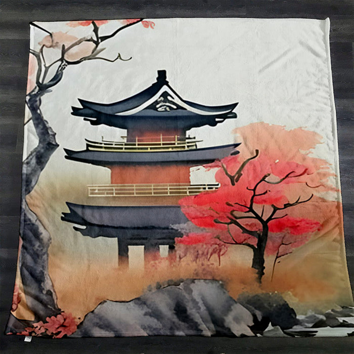 Pink Pagoda Landscape Artwork Fleece Sherpa Blanket