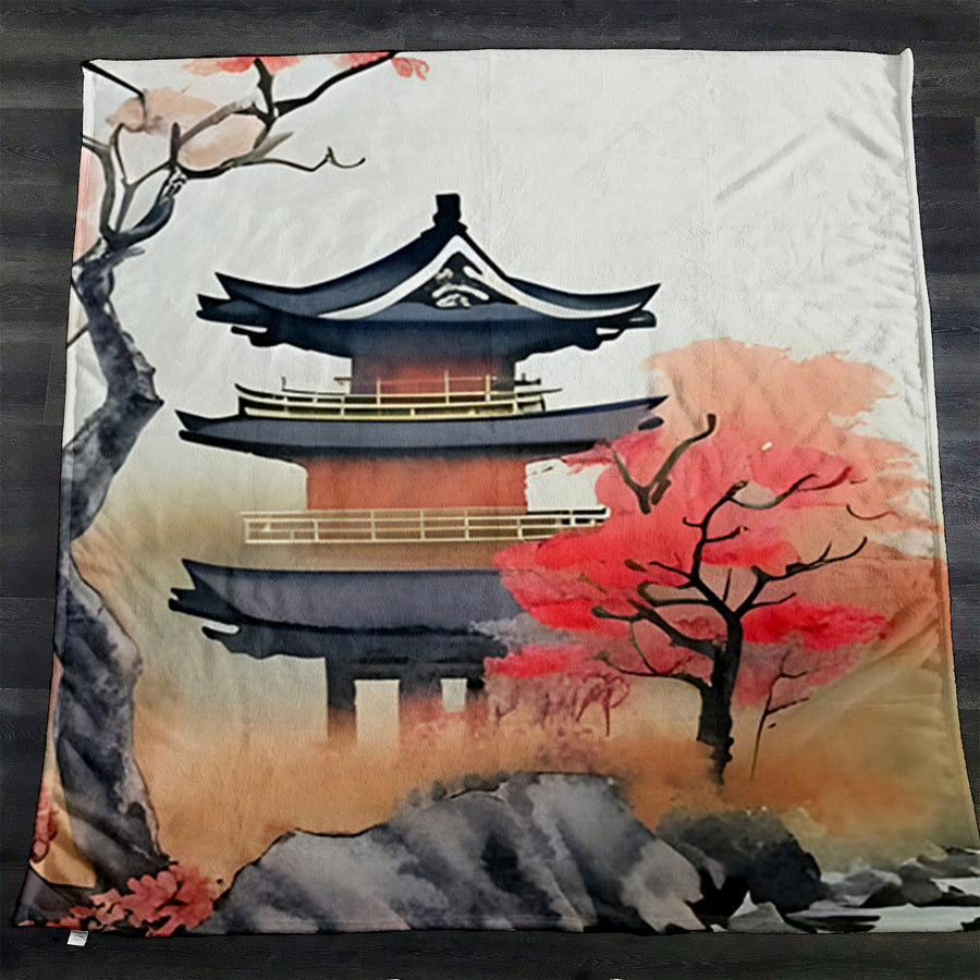 Pink Pagoda Landscape Artwork Fleece Sherpa Blanket