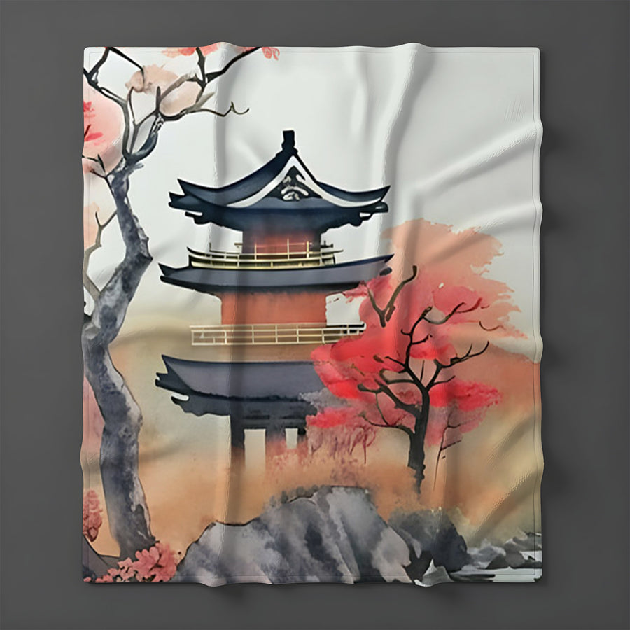 Pink Pagoda Landscape Artwork Fleece Sherpa Blanket
