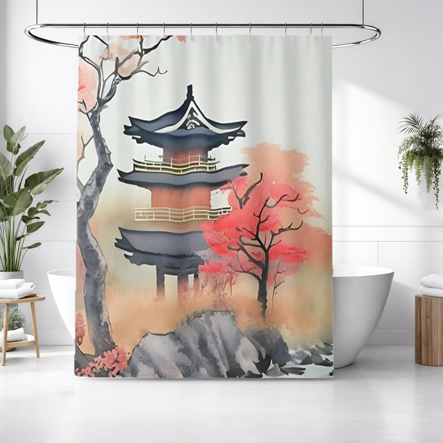 Pink Pagoda Landscape Artwork Shower Curtain