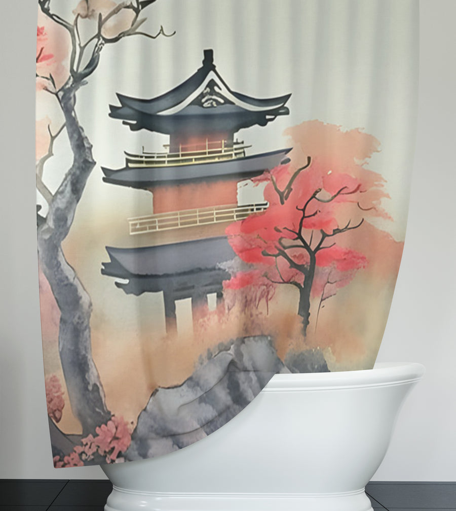 Pink Pagoda Landscape Artwork Shower Curtain